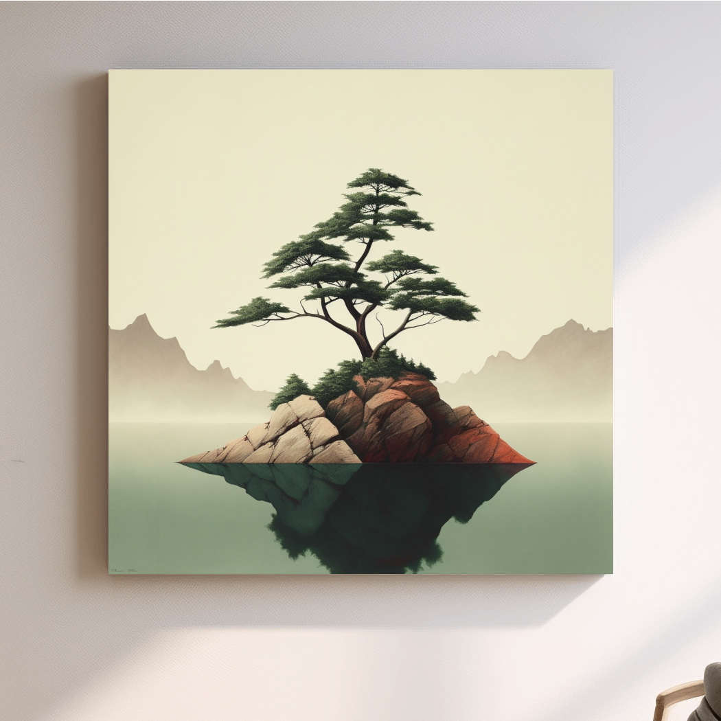 Mimimal mountain art, tree on a lake