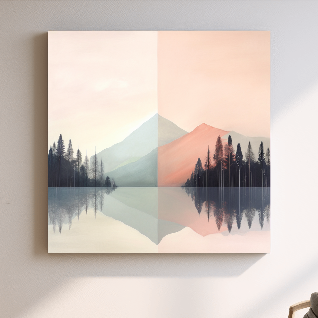 Mimimal mountain art, alpine treelined lake