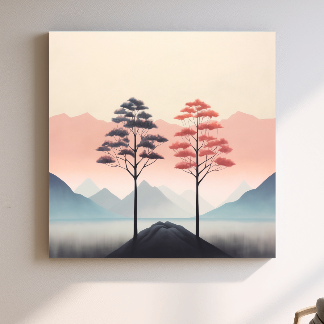 Minimalist Twin Pine Trees Landscape - Serene Pastel Mountain Lake Wall Art