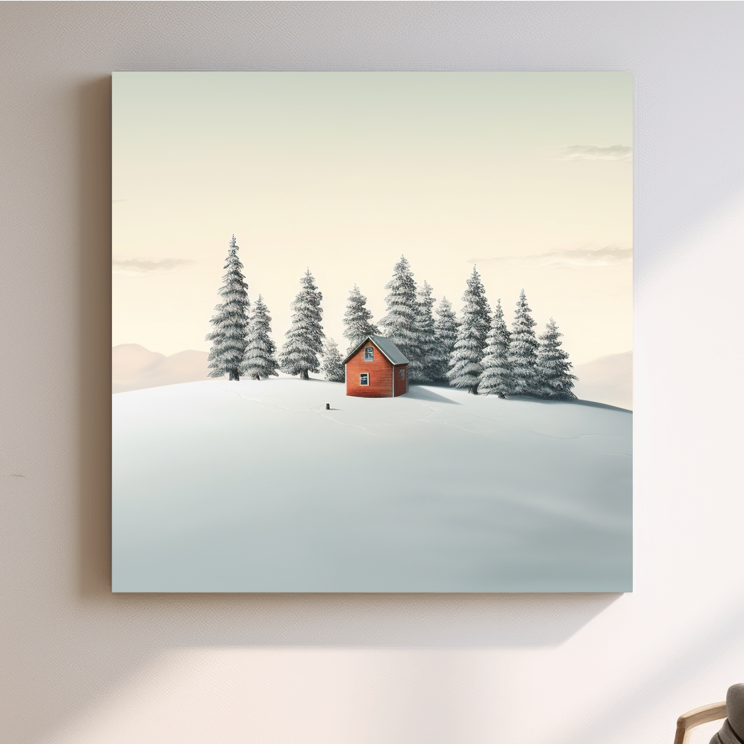 Minimalist Snowy Cabin In Pine Forest - Serene Winter Landscape Wall Art