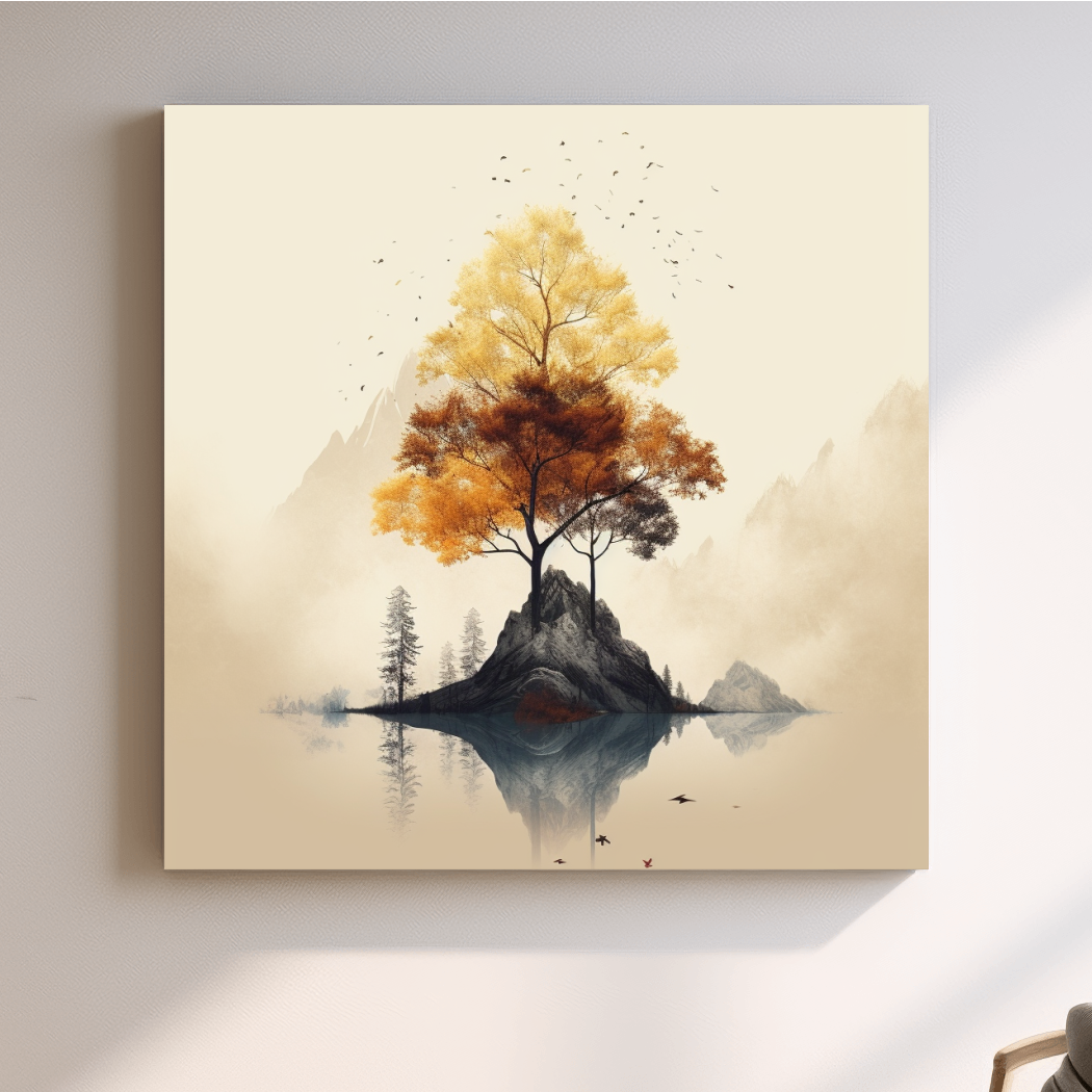 Golden Autumn Tree Island Landscape - Minimalist Watercolor Nature Wall Art
