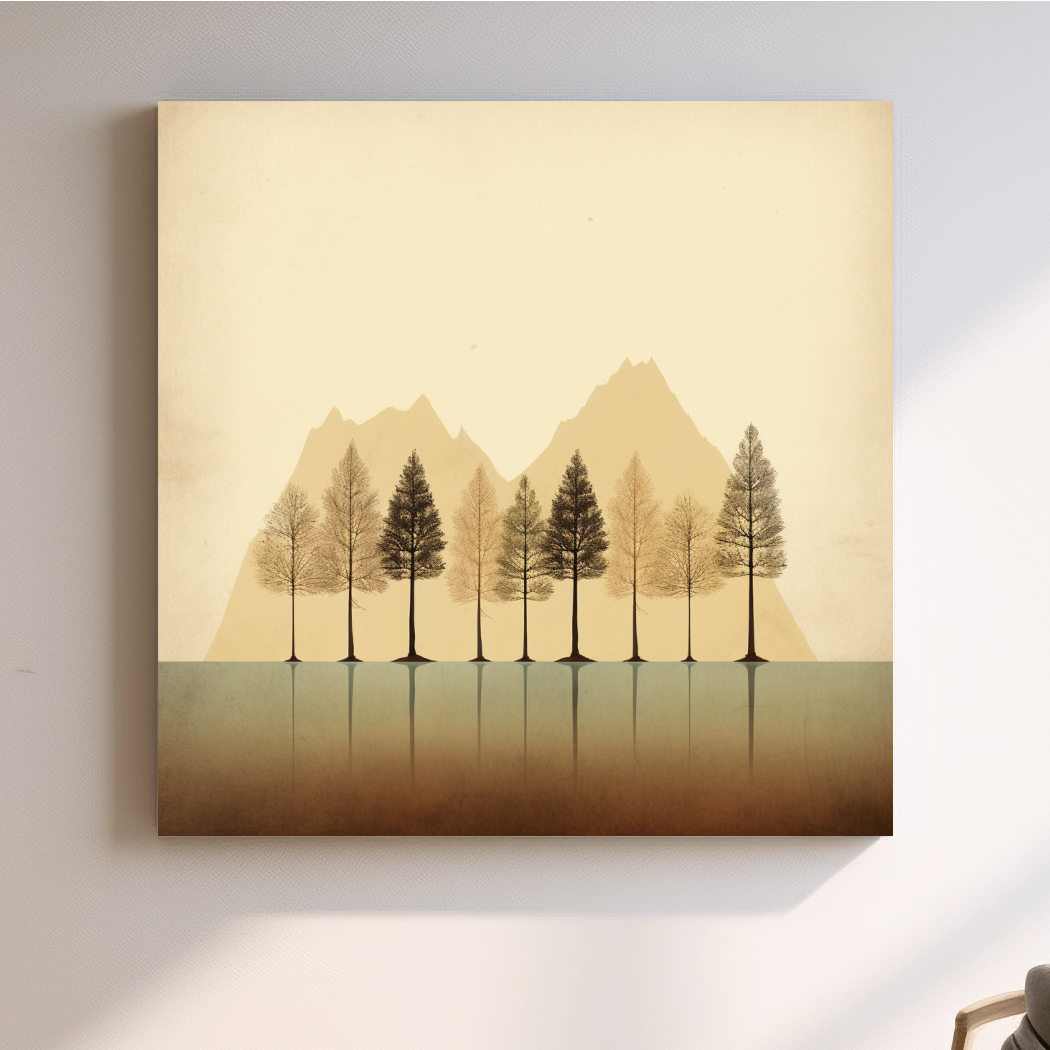 Minimal mountain art, treeline on the lake