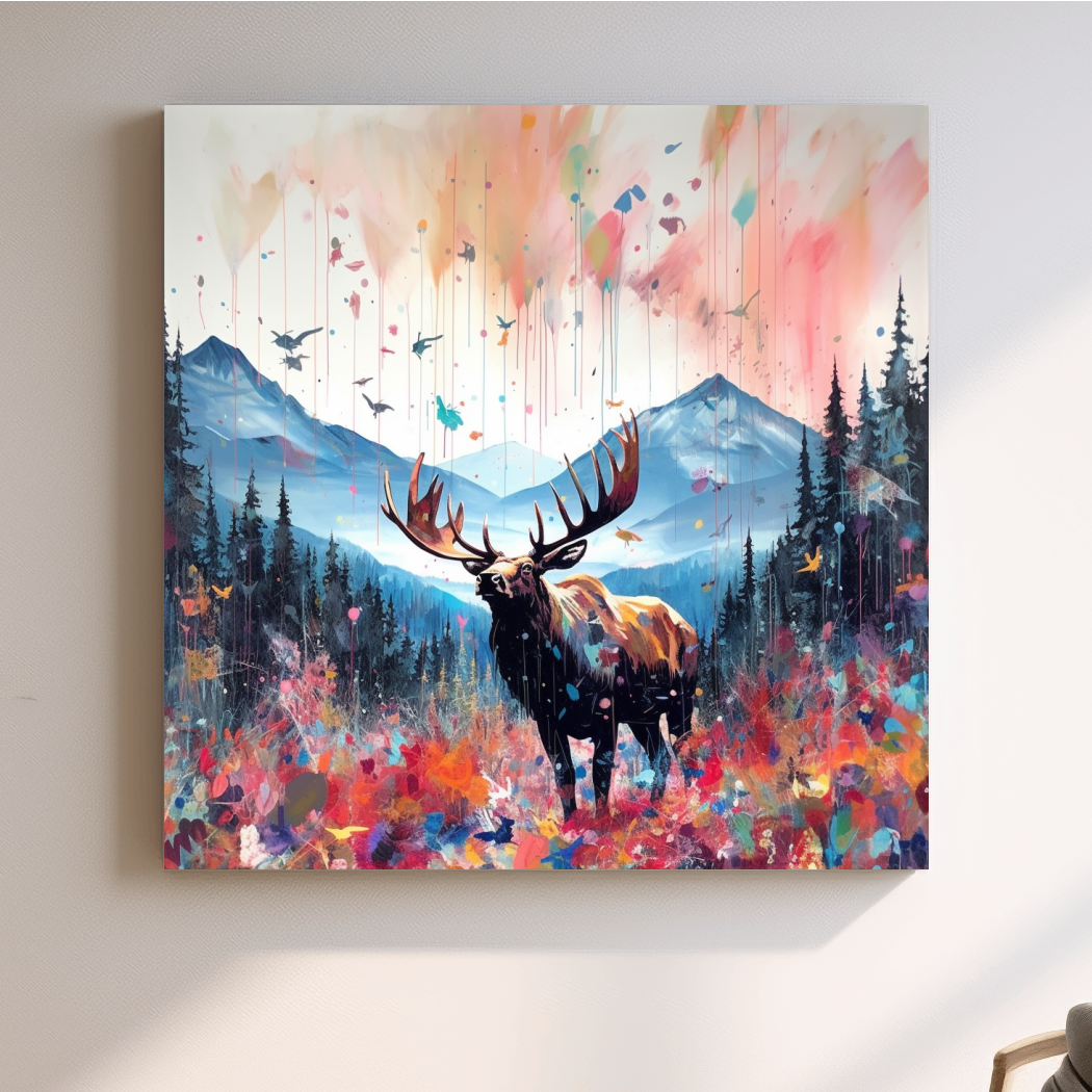 Abstract splattered painting of a large moose