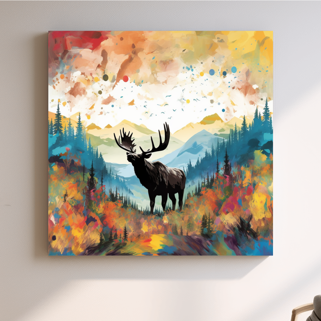 Abstract splattered painting of a large moose