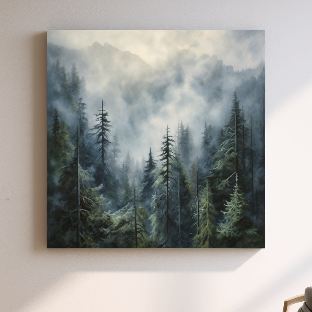 Moody Misty Pine Forest Mountains - Atmospheric Landscape Painting Wall Art