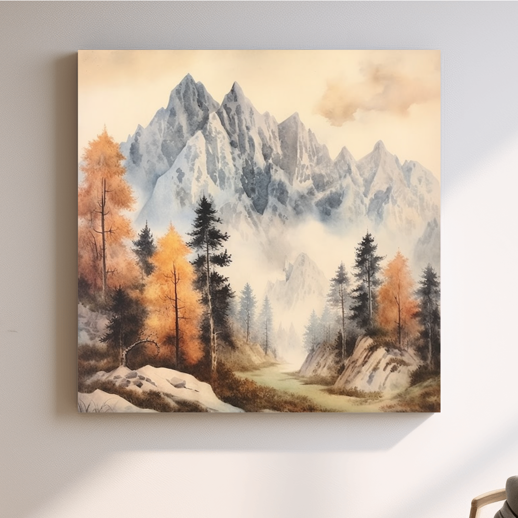 Watercolour painting of mountains and trees