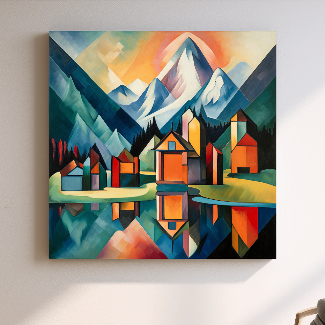 Abstract painting of a mountain town by a glacier