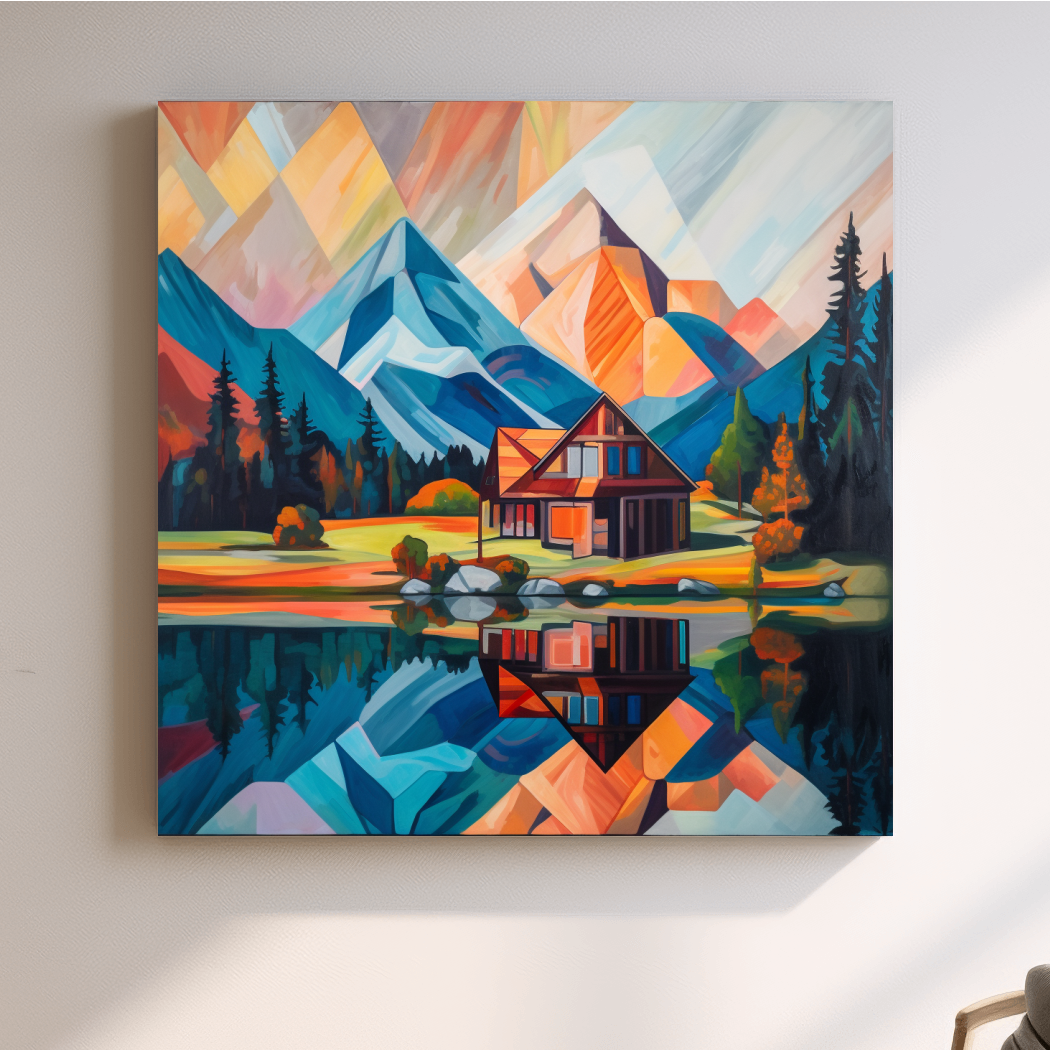 Abstract painting of a cabin by a lake at sunrise