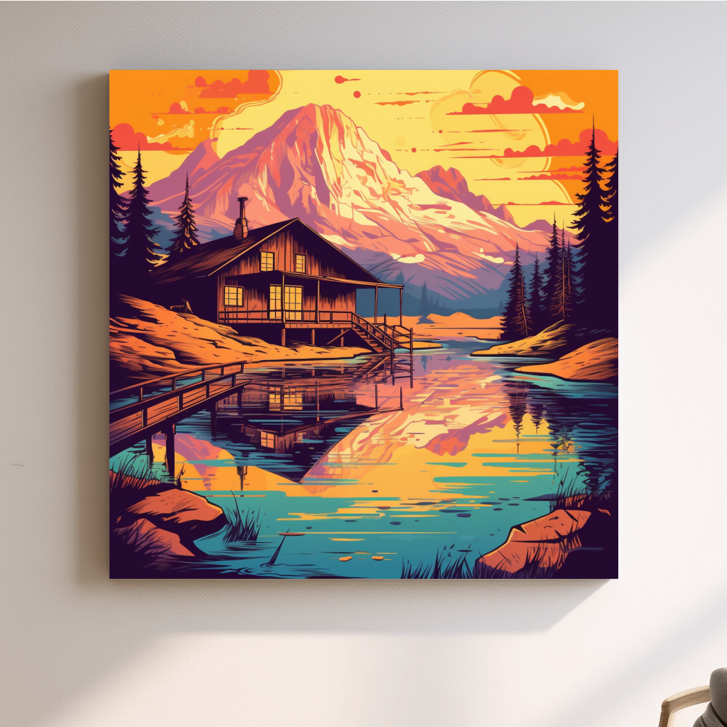 Colourful illustration of a cabin by an alpine lake at sunset