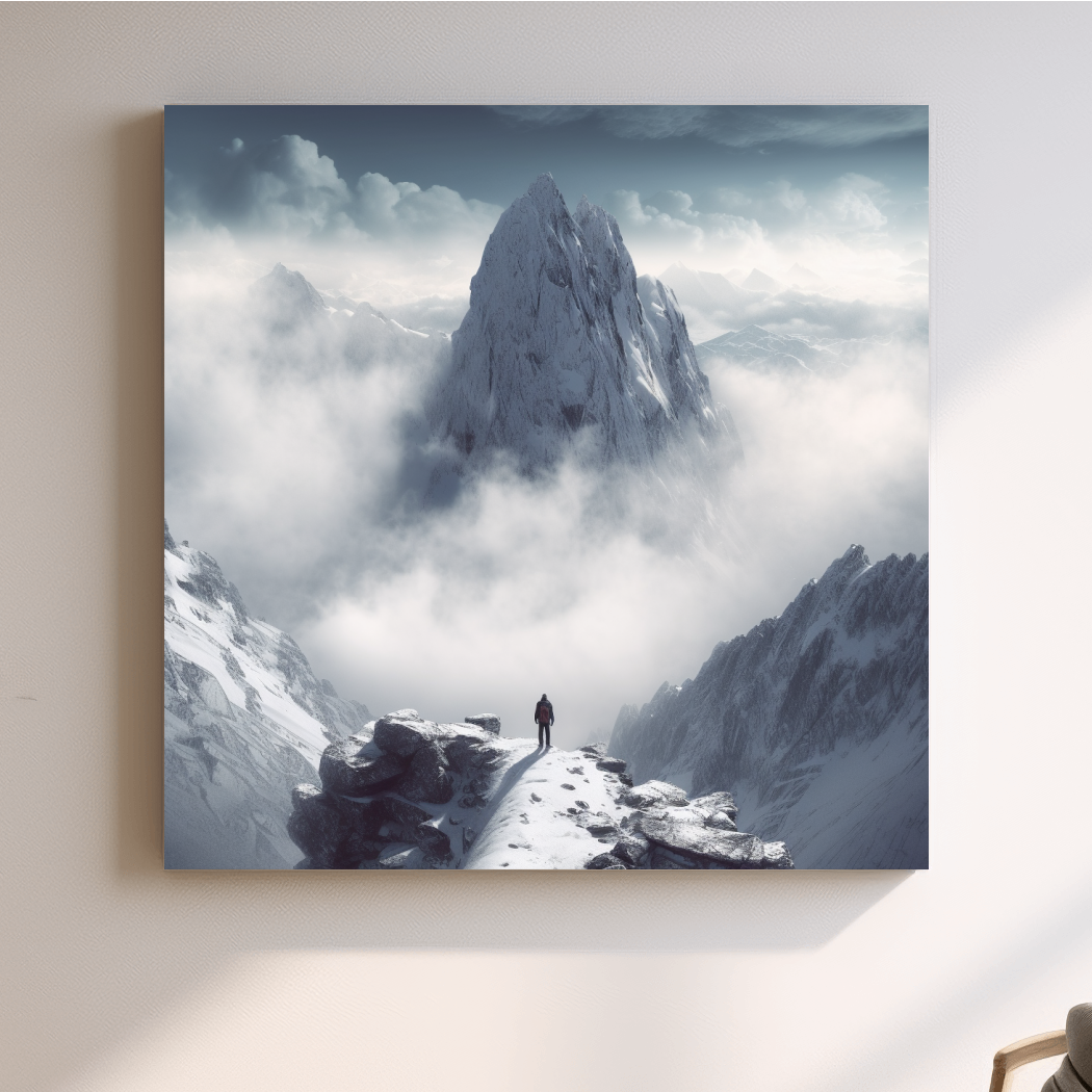 Photographic art of a person standing on a snowy mountain ridge