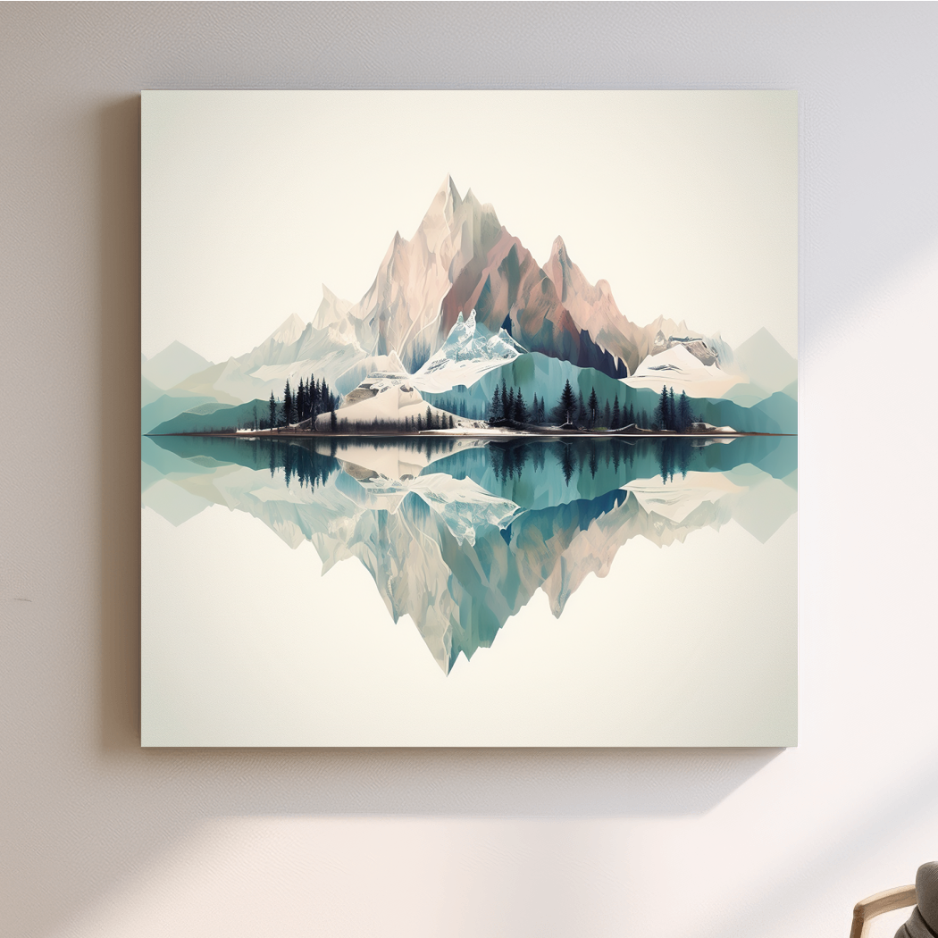 Minimalist Alpine Mountain Lake Reflection - Serene Pastel Watercolour Wall Art