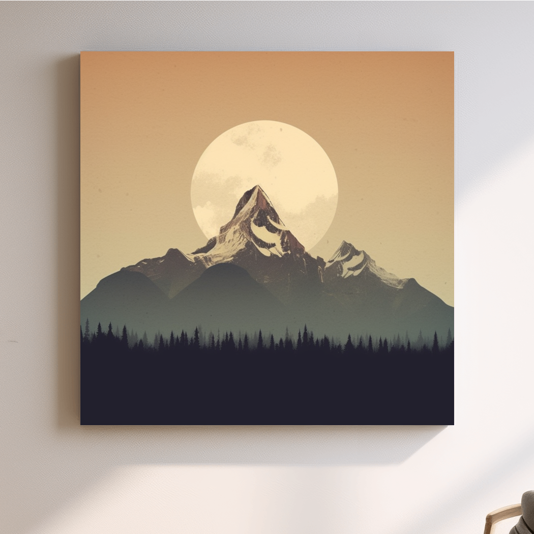 Graphical art of the moon behind a large mountain, minimalist mountain wall art