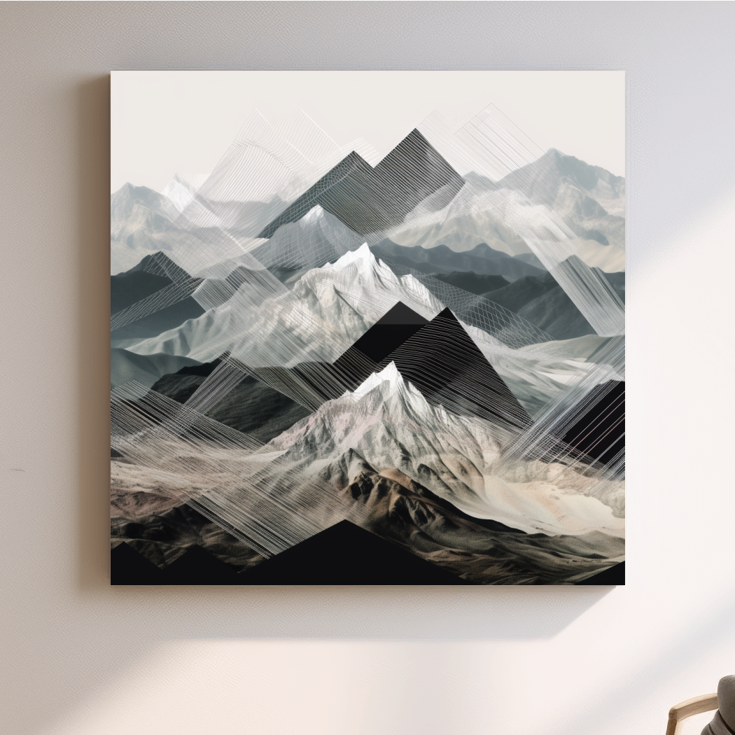 Photographic mountain art, overlayed with abstract lines