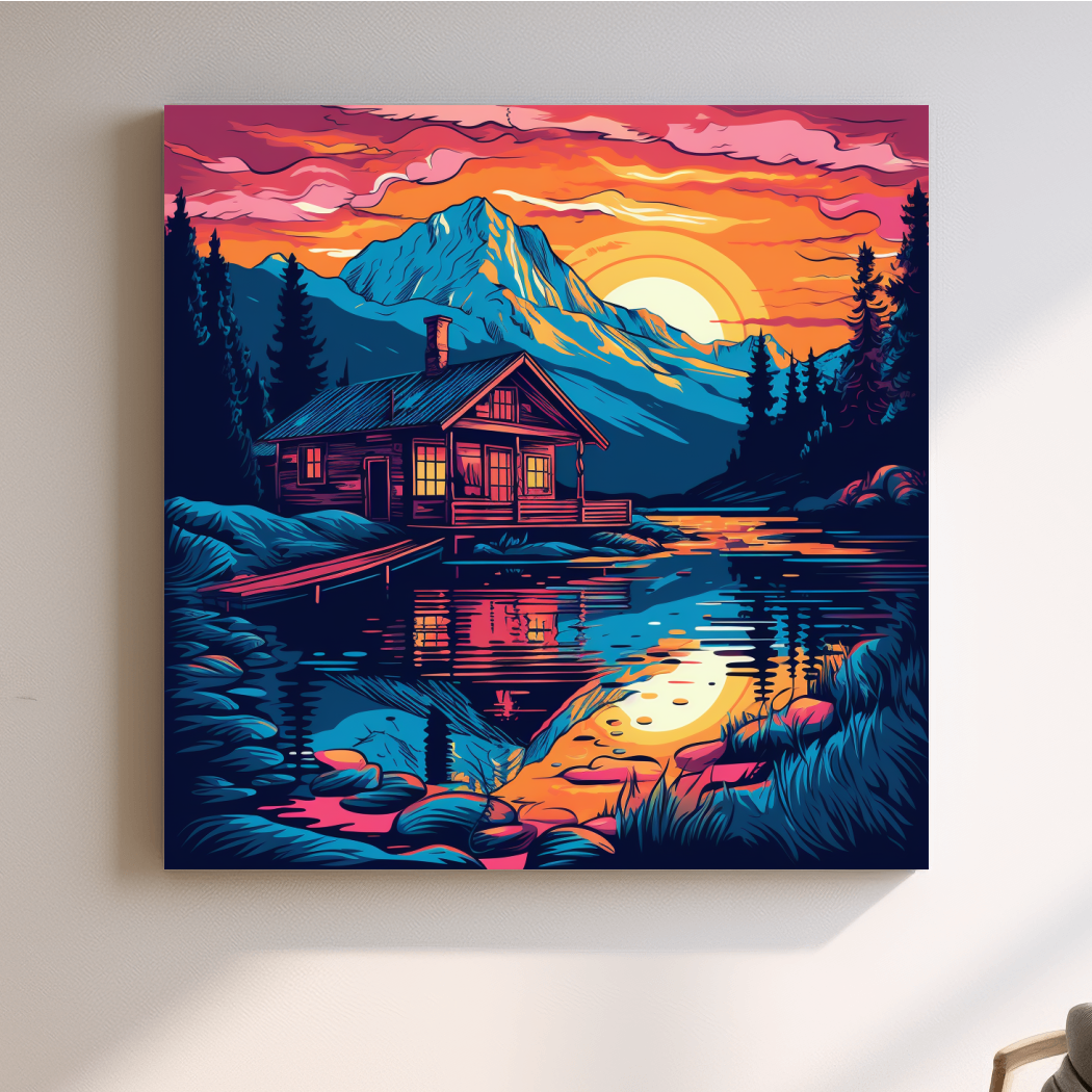 Vibrant Retro Alpine Lake Cabin Sunset - Vector Mountain Wall Art
