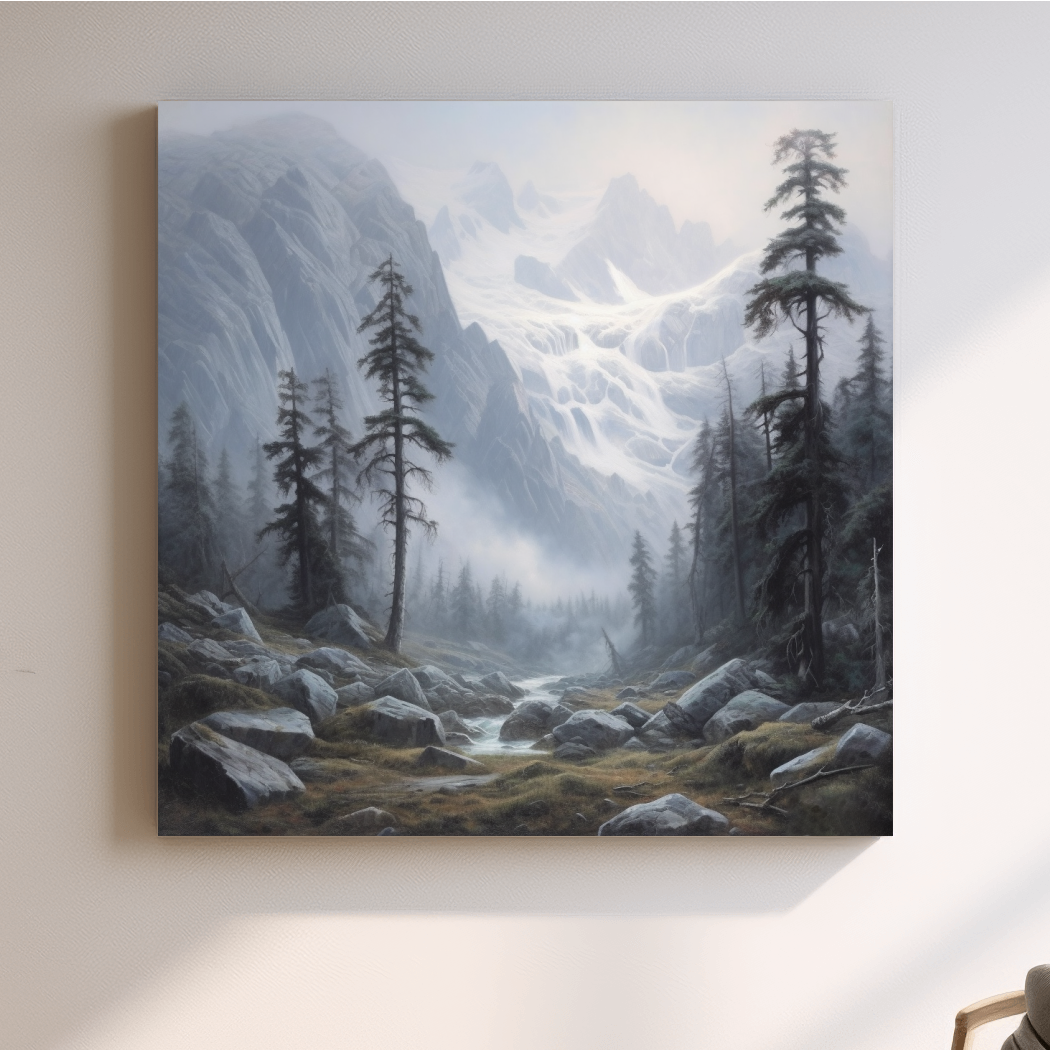 Painting of fog rolling through an alpine scene
