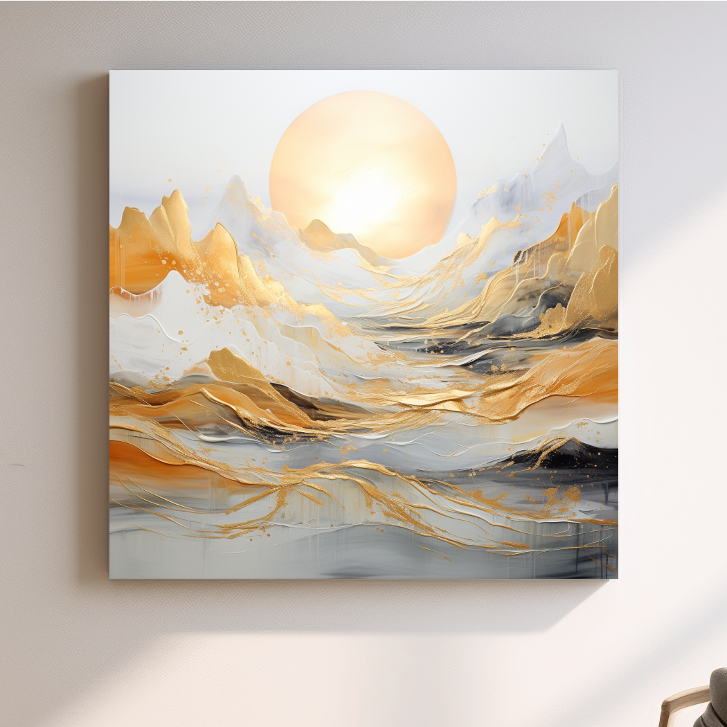 Mountain landscape art, gold leaf painting style