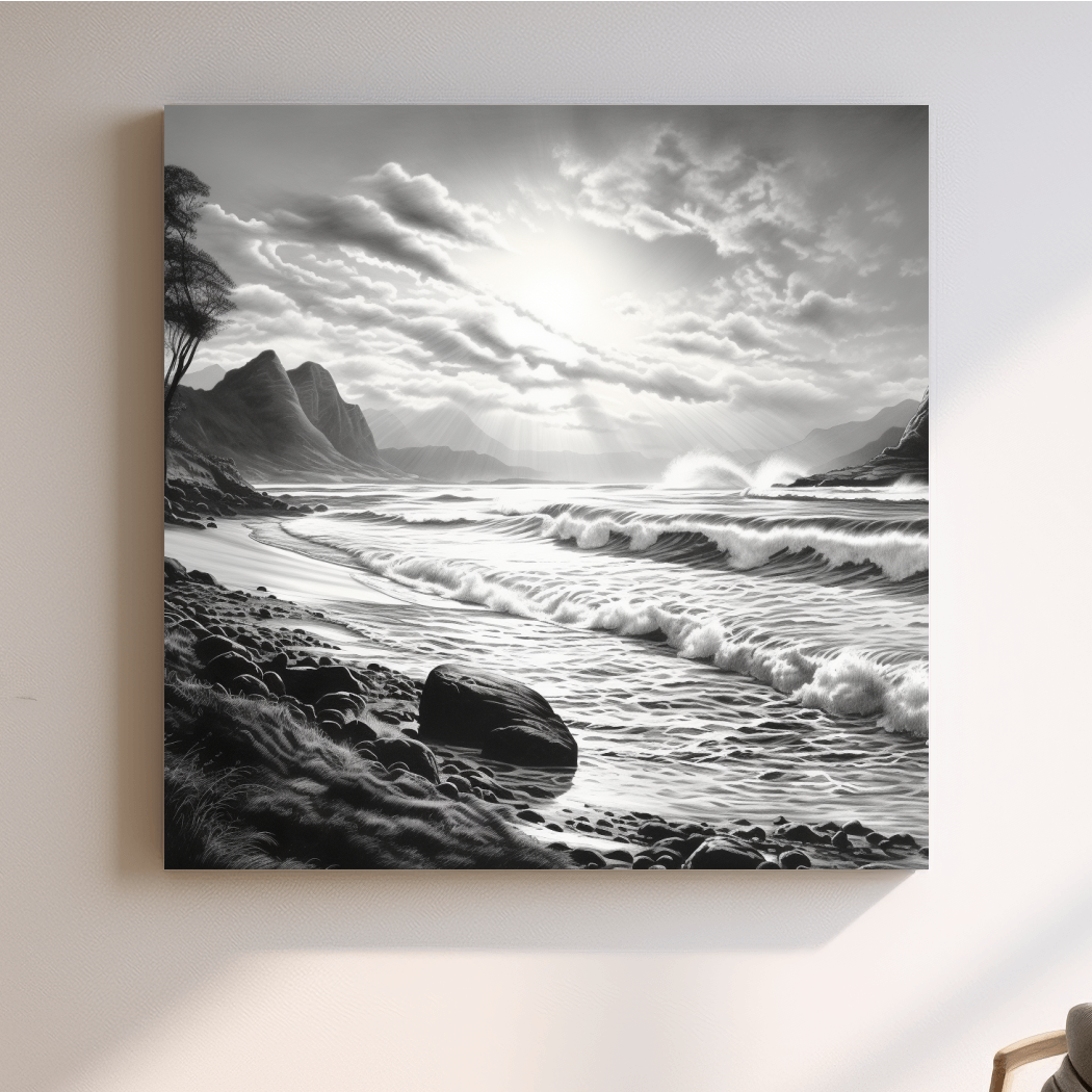 Black and white drawing of a sunny beach scene