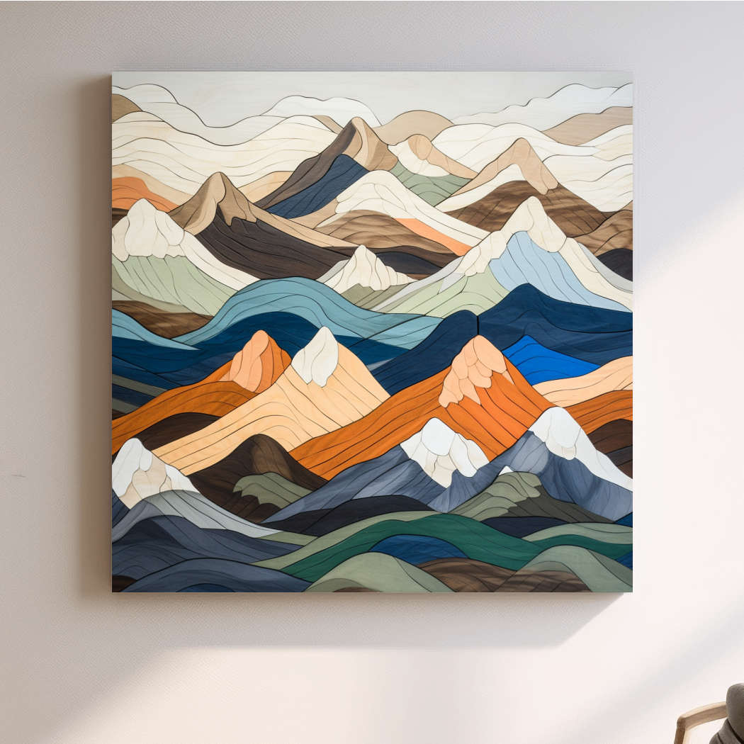 Wooden art, snow mountain peaks 