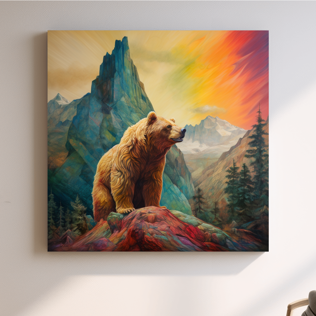 Colourful painting of a gizzly bear in the mountains
