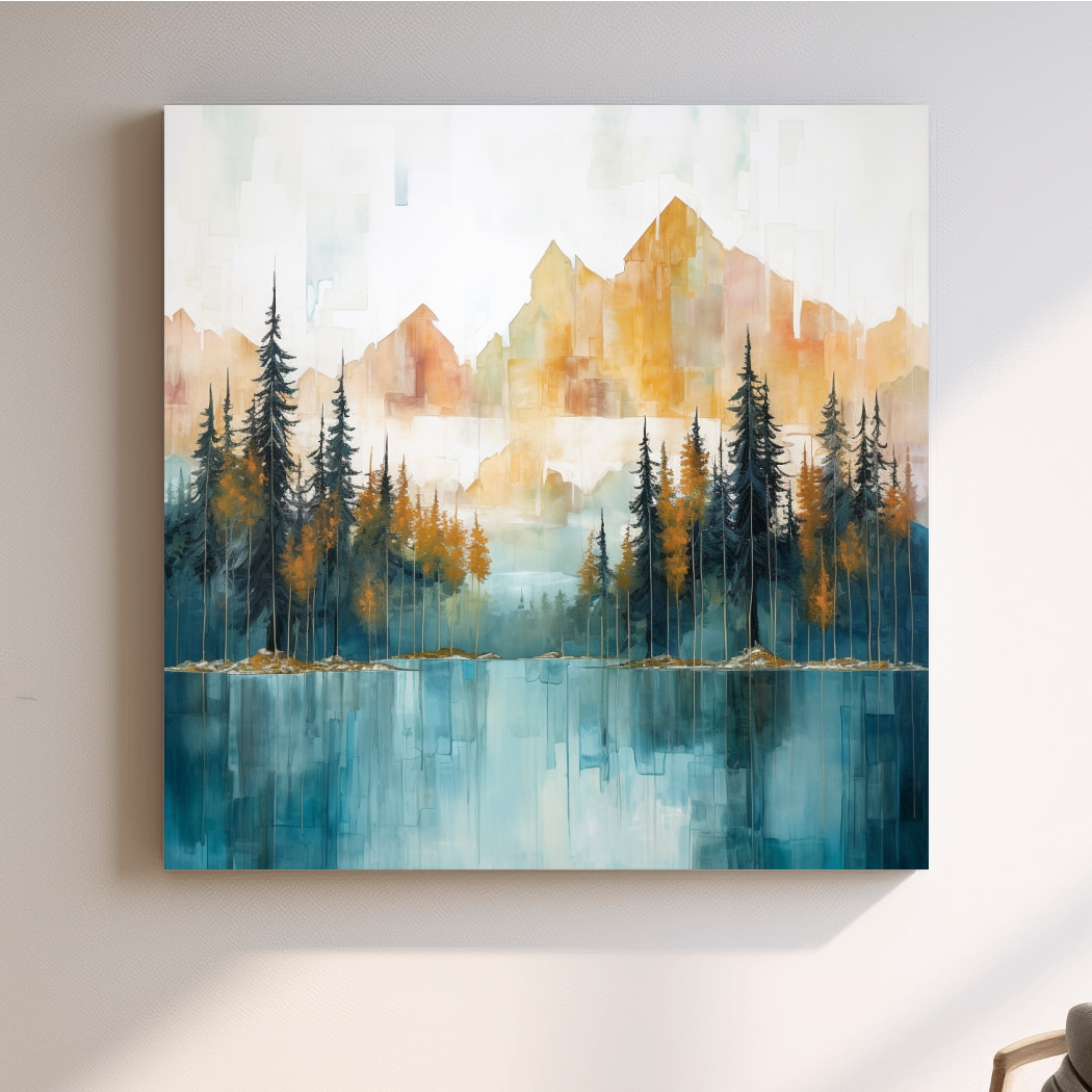 Watercolour painting of an alpine lake in the mountains