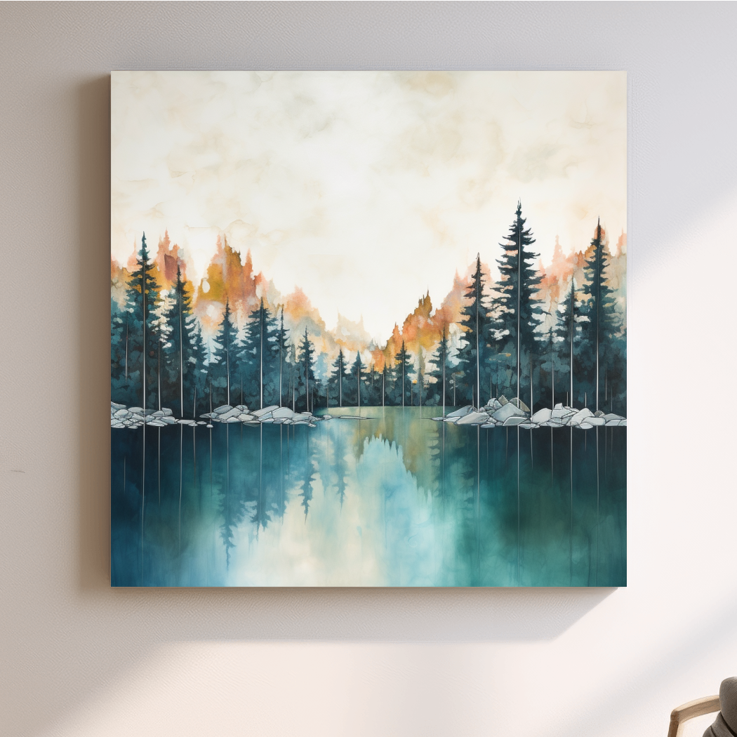 Blue and orange watercolour painting of a treelined lake