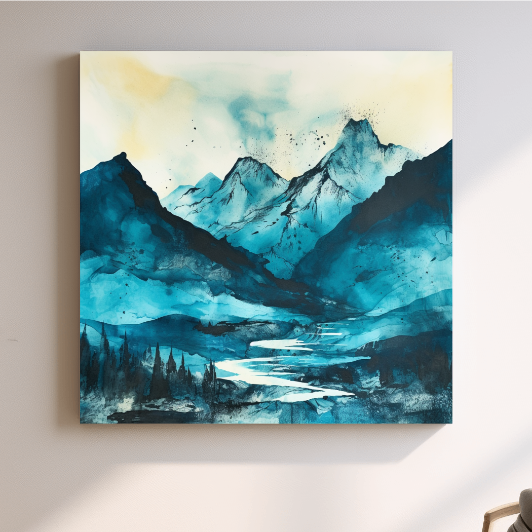 Abstract watercolour art of a mountain landscape