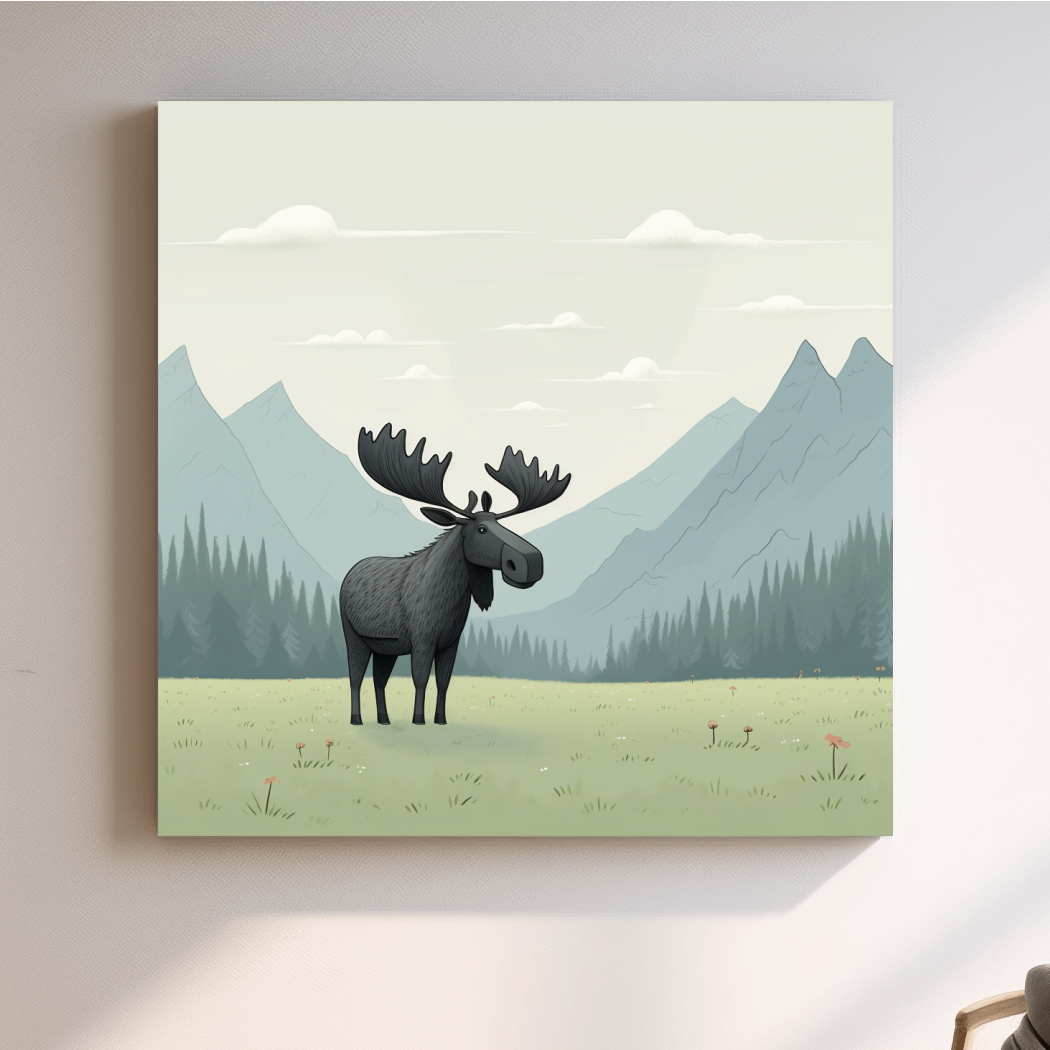 Childrens illustration of a moose in the alpine
