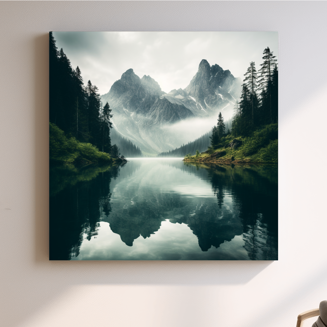 Misty Alpine Mountain Lake Reflection - Moody Pine Forest Photographic Wall Art
