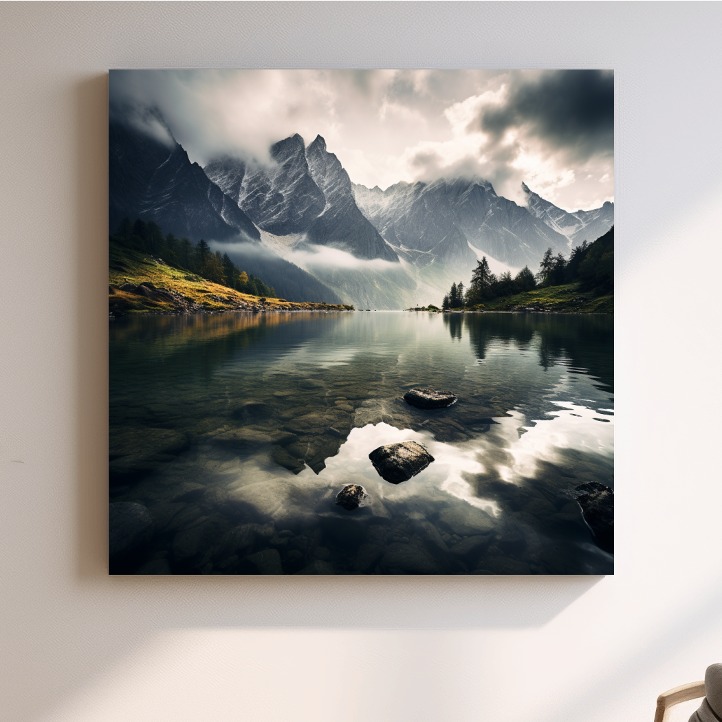 Photographic art, dramatic clouds over an alpine lake