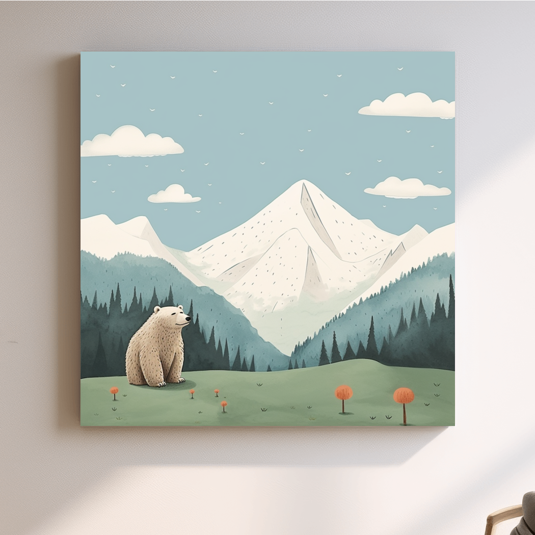 Illustration of a happy bear sitting in the alpine