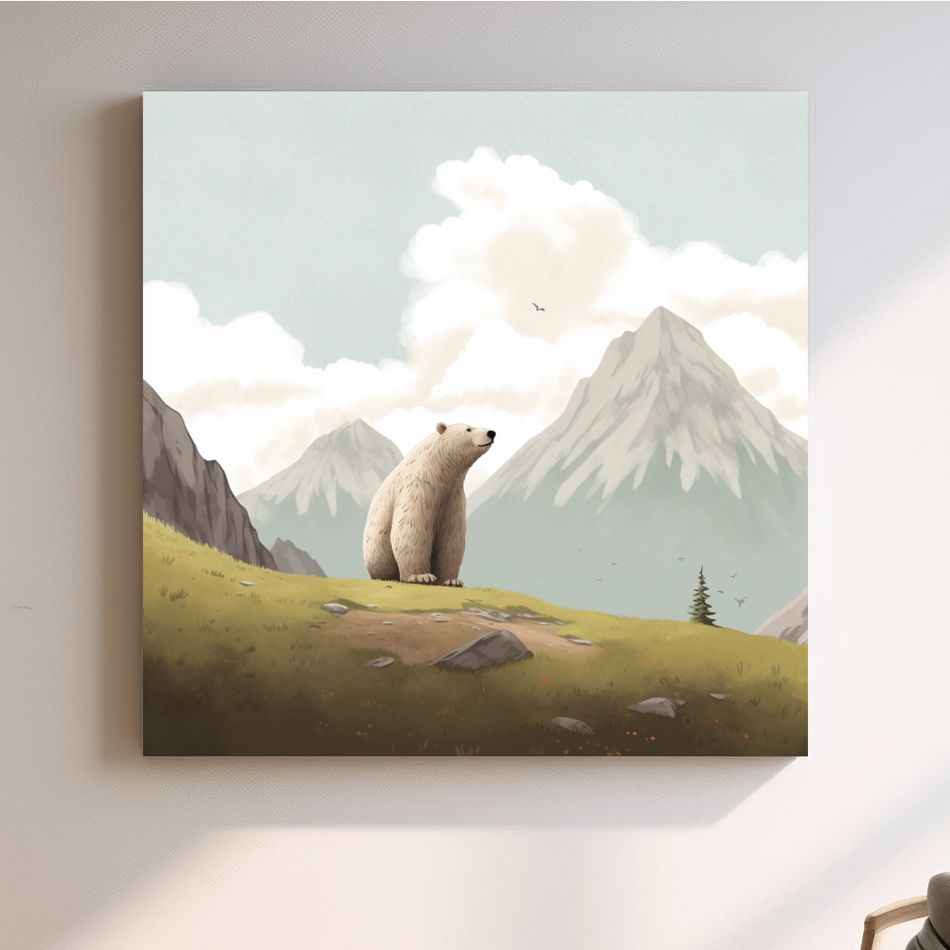 Illustration of a happy bear chilling in the alpine
