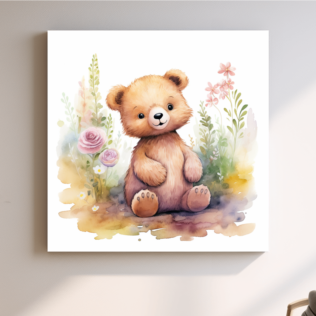 Nursery art, watercolor painting of a cute baby bear