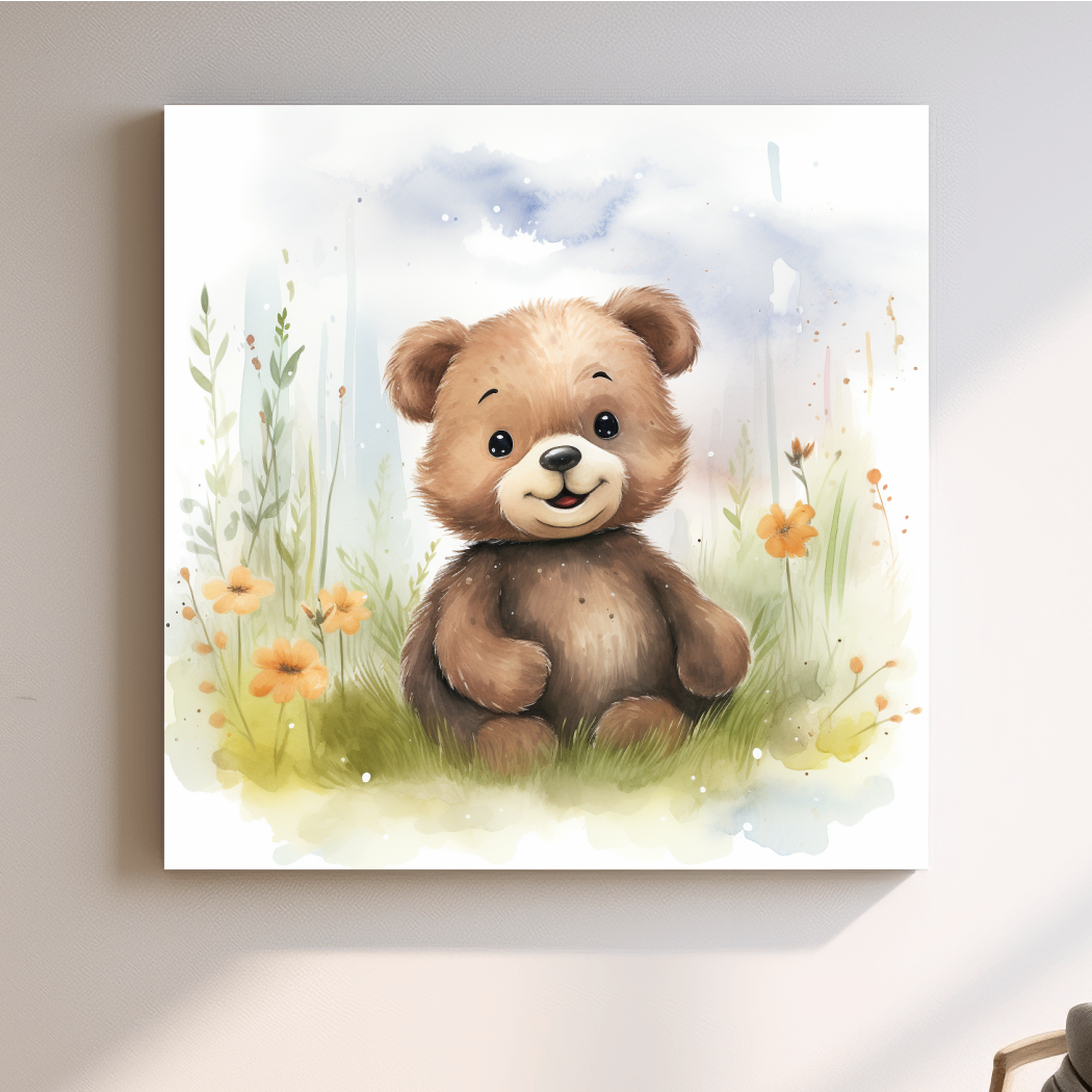 Nursery illustration, watercolor painting of a cute happy bear cub