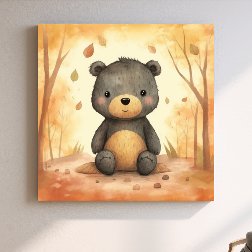 Cute Watercolor Teddy Bear Forest Illustration - Whimsical Nursery Wall Art