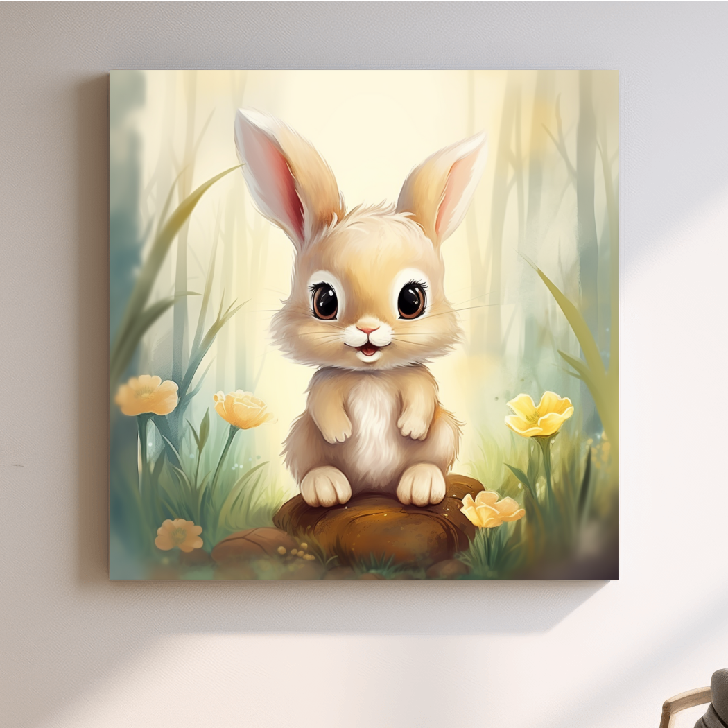 Nursery art - illustration of a cute bunny rabbit in the forest