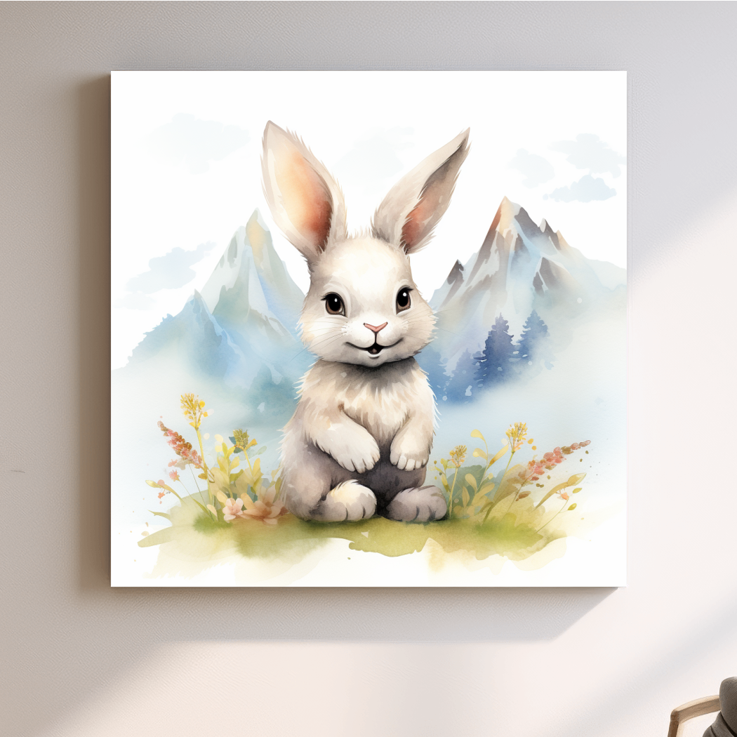 Nursery art - watercolor painting of a cute bunny rabbit in the mountains