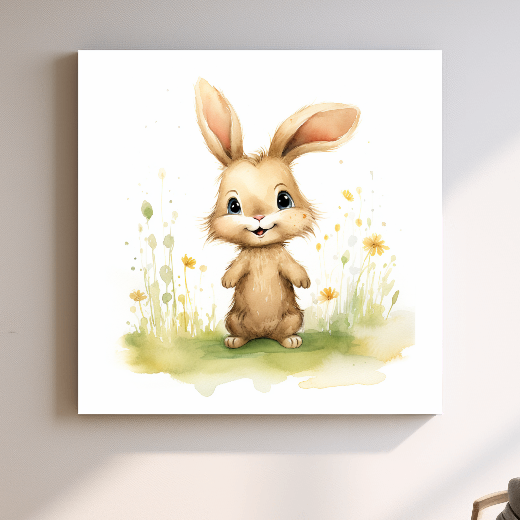 Cute Watercolor Bunny In Wildflowers - Whimsical Nursery Animal Wall Art