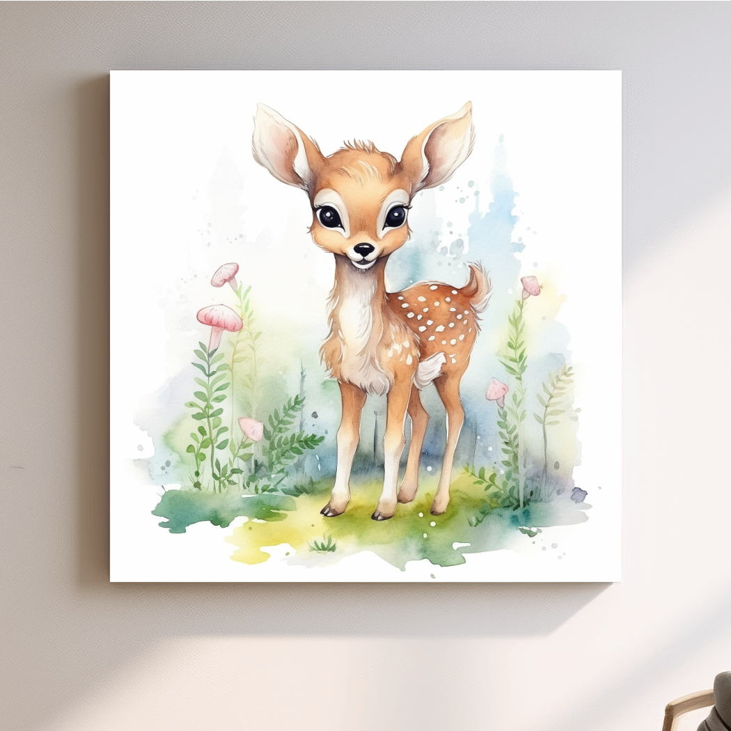 Nursery art, watercolor painting of a cute fawn in the forest