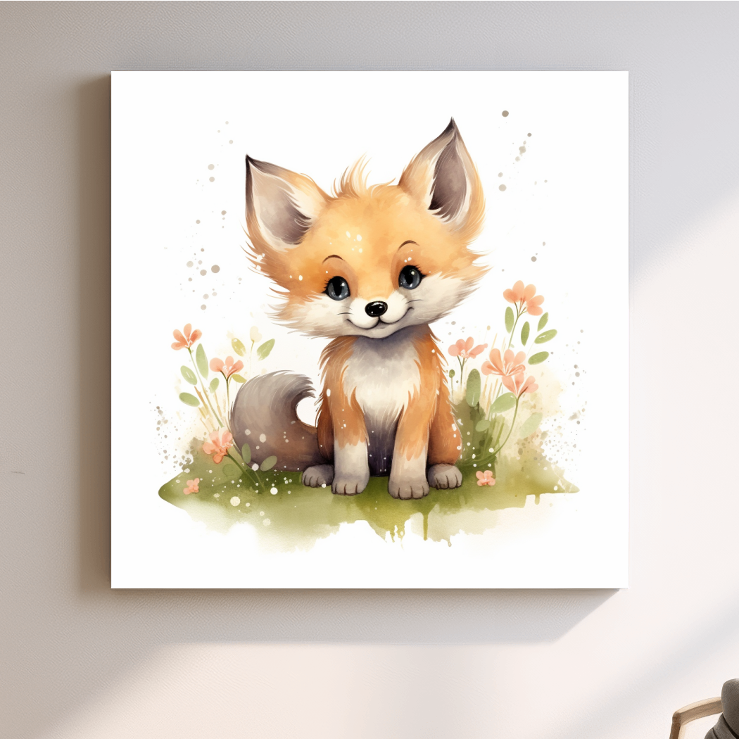 Watercolor illustration, a cute fox cub in the flowers, nursery art