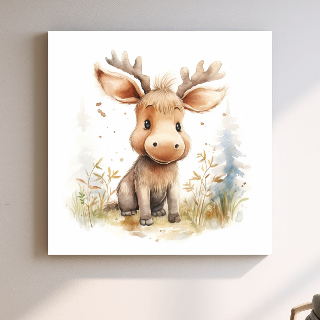 Watercolor illustration, a cute baby moose in the forest, nursery art 