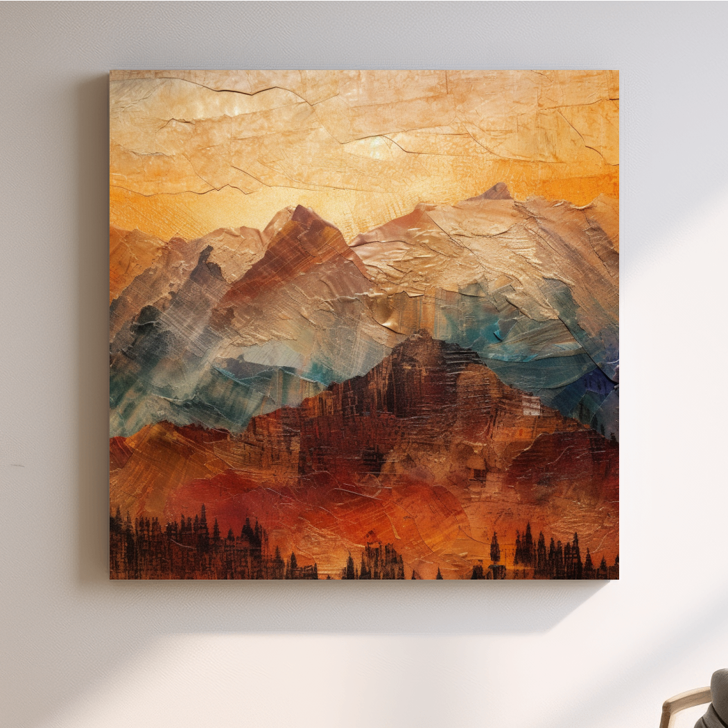 Rustic textured painting effect artwork of mountains at sunset