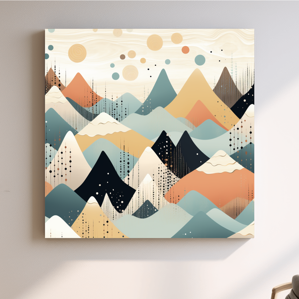 Mid-century bohemian art, pastel mountain patterns