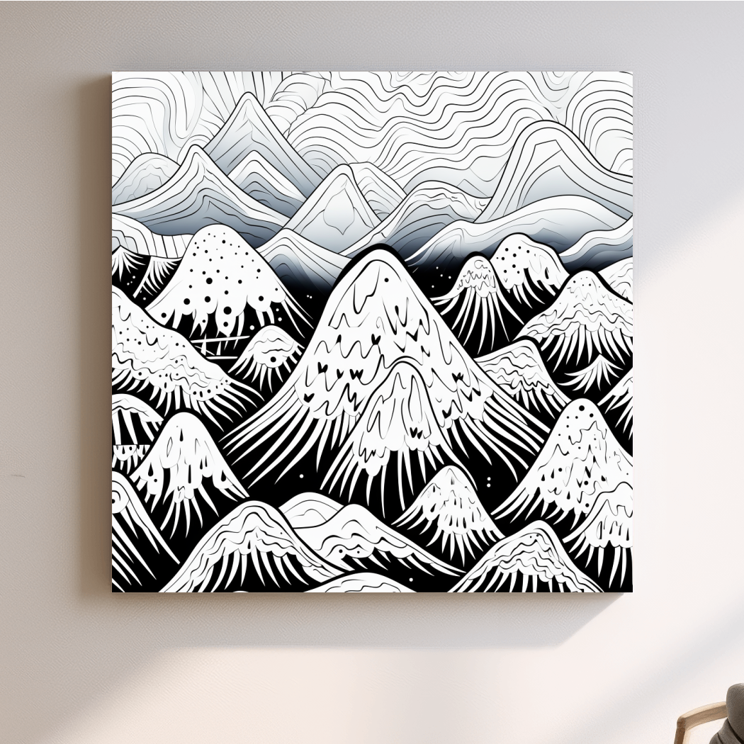 Black and white illustration of snowy mountain peaks