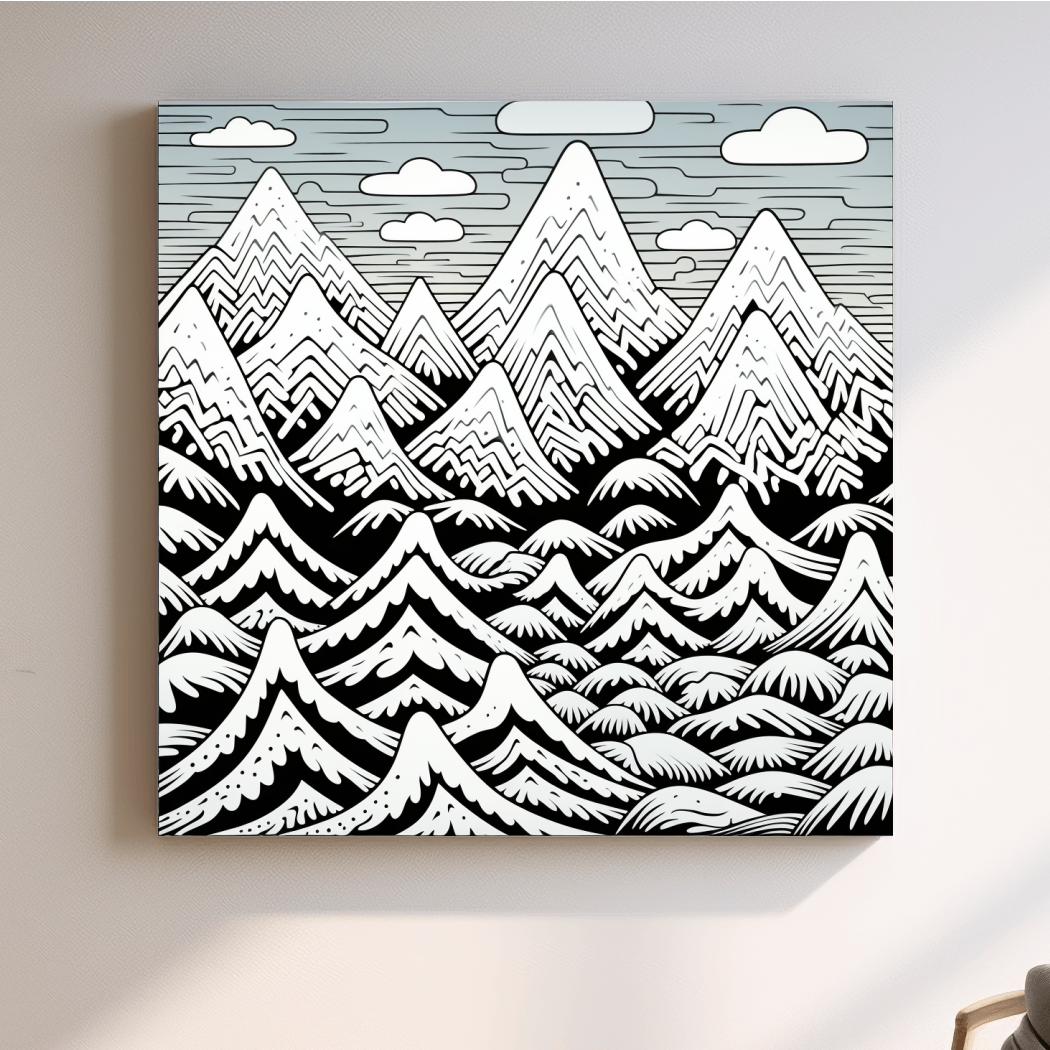 Black and white illustration drawing of snowy mountain patterns