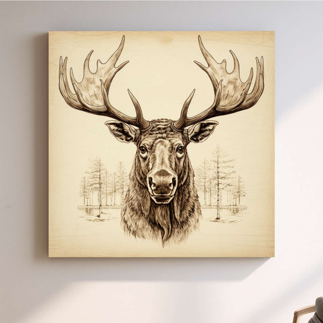 Rustic Sepia Moose Head Sketch - Vintage Woodland Wildlife Wall Art