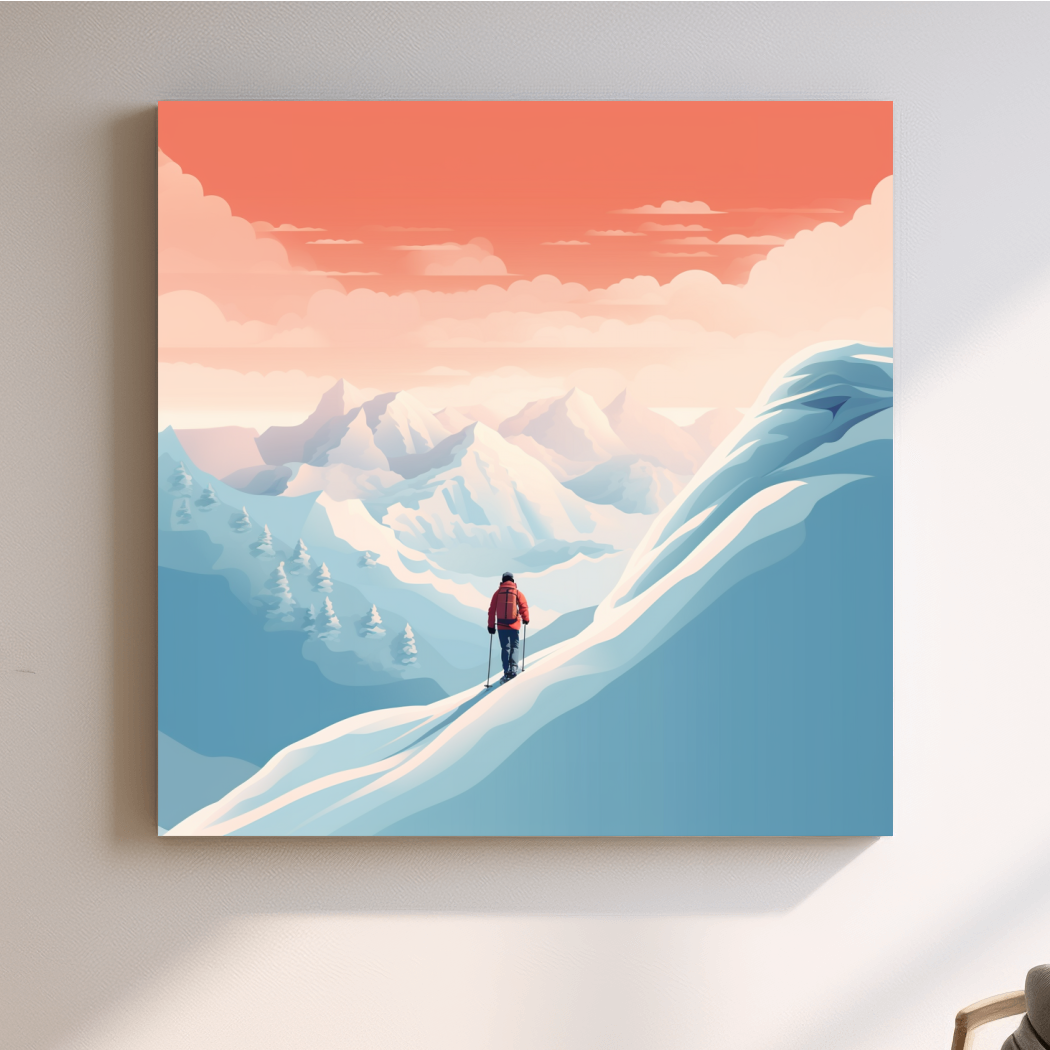 Minimalist Backcountry Skier Illustration - Pastel Alpine Landscape Wall Art