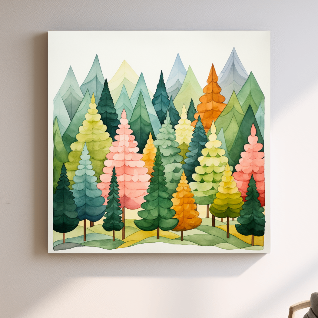 Watercolour style art of colorful dreamy forest