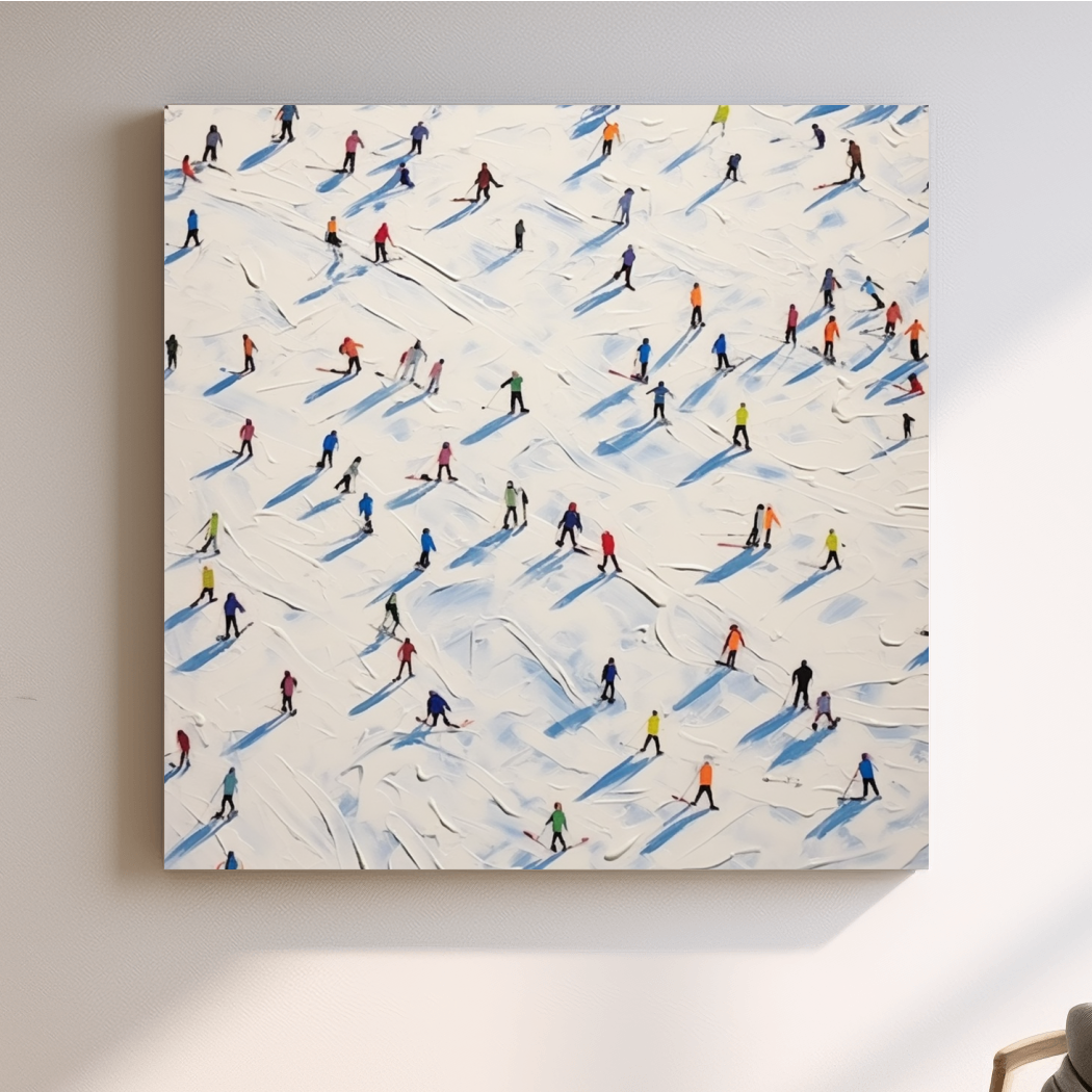Textured Skiers On Snowy Slopes - Modern Winter Sports Painting Wall Art