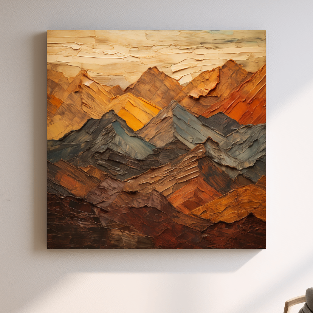 Earthy coloured mountains artwork, textured impasto painting effect