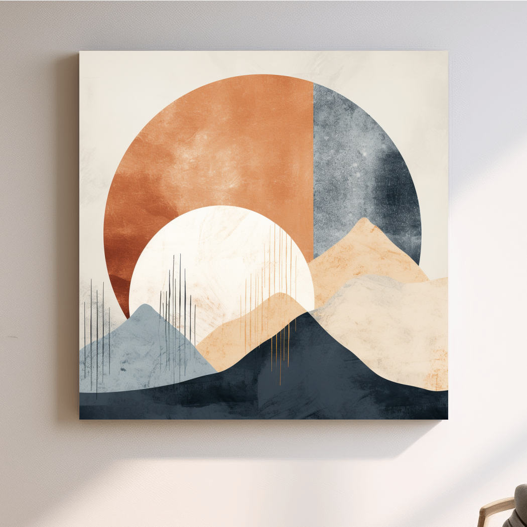 Abstract shapes forming mountains, mid century style artwork, earthy tones